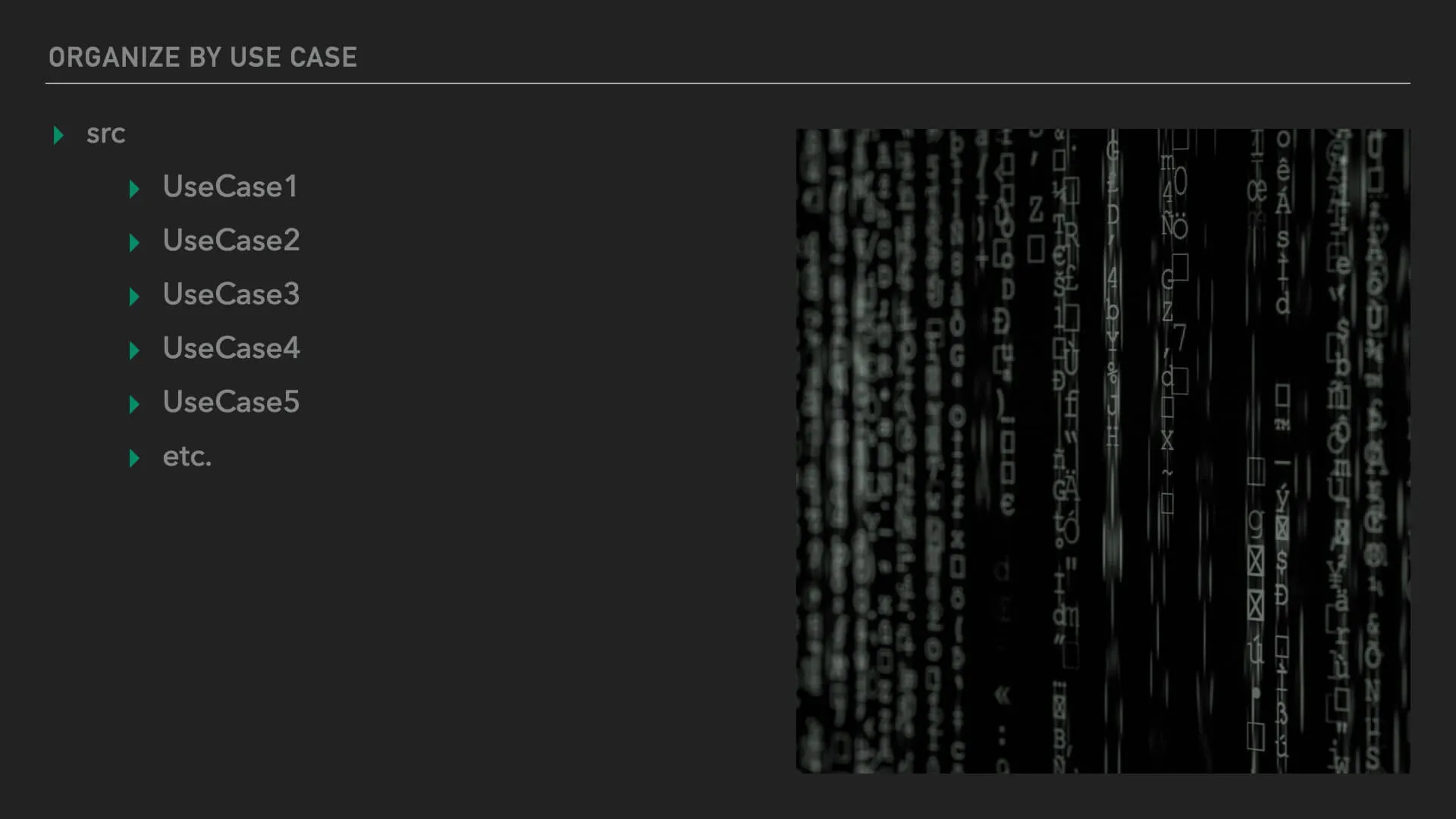 A slide showing use case organization within a project's namespaces