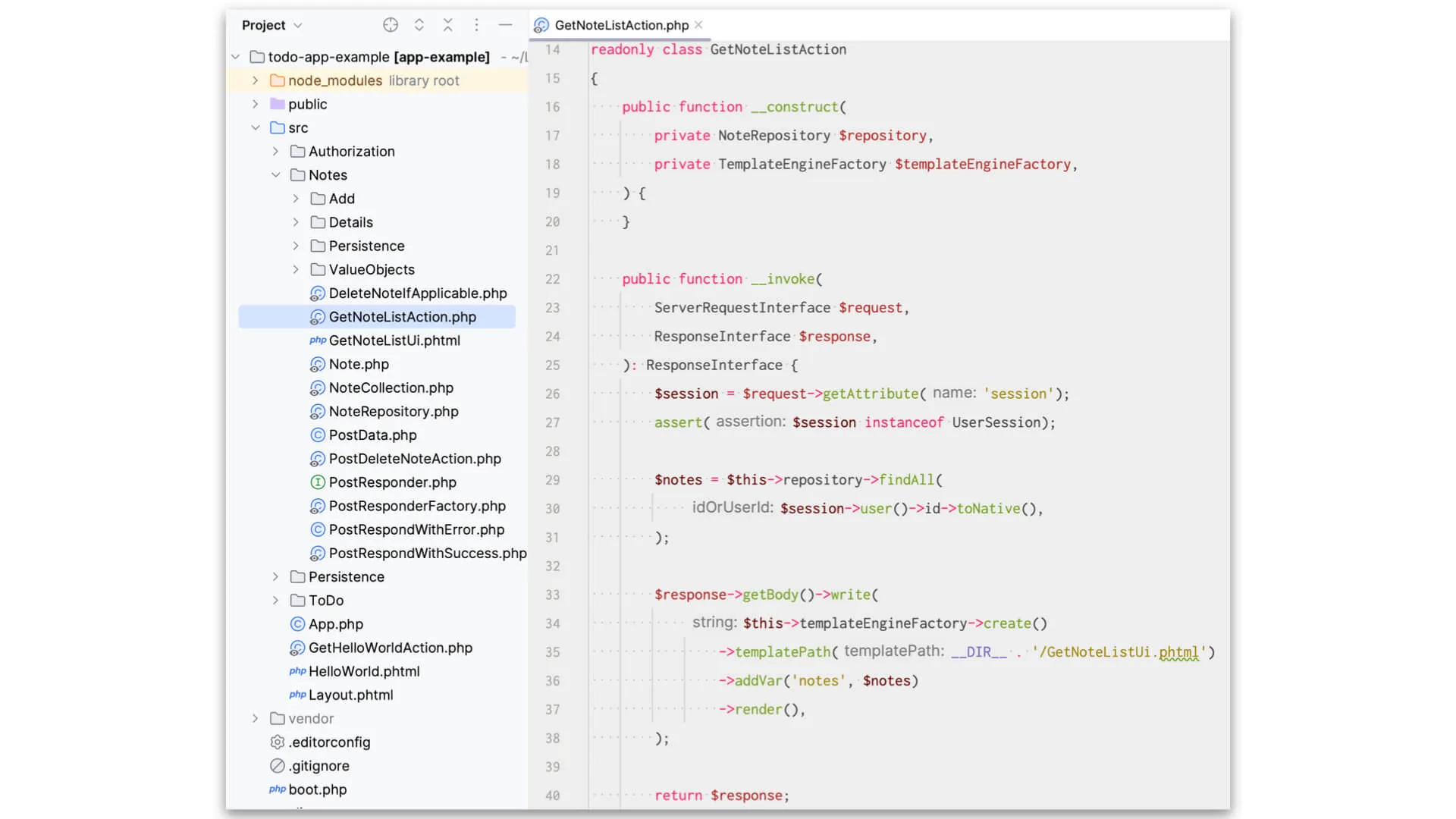 A screenshot of the class \App\Notes\GetNotesListAction