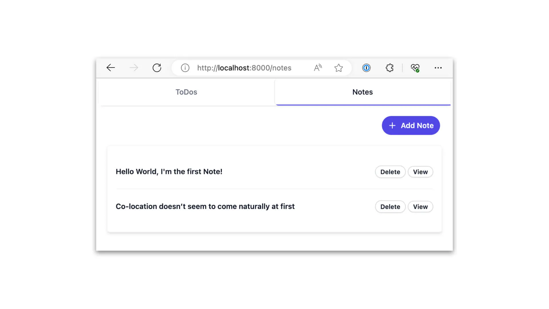 A screenshot of the notes listing feature of a todo/notes demo app